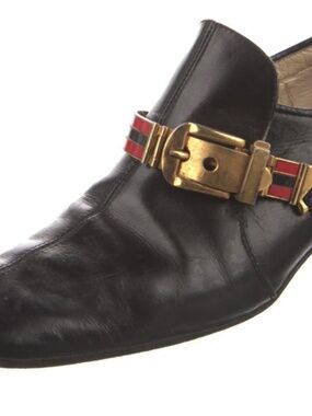 Gucci Vintage Black Leather Loafers w/ Rare Red Enamel Horsebit